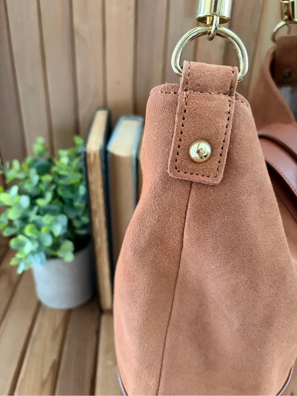Talbots Brown Suede & Leather Hobo Shoulder Bag Tortoise Buckle
